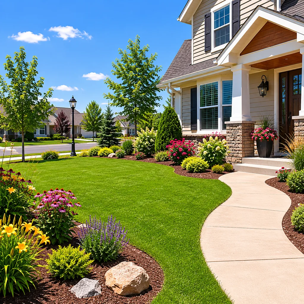 Realistic editorial photo of a landscaped American front yard with lawn, shrubs, mulch beds, trees, walkway, and house exterior showing no shade during the hott
