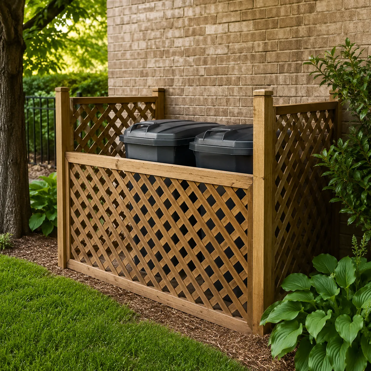 Realistic editorial photo of a lattice trash-can screen in budget backyard weekend upgrade, realistic editorial photo, n