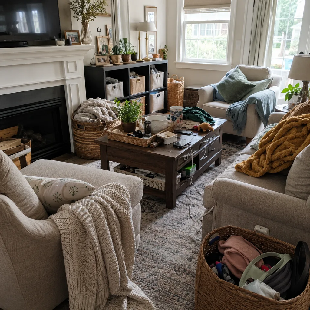 Realistic editorial photo of a living room with crowded surfaces, extra chairs, baskets, blankets, cords, and storage furniture showing tiny bins that overflow 