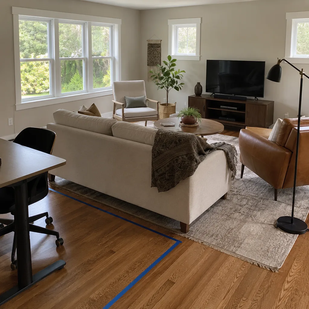 Realistic editorial photo of a living room with sofa, chairs, rug, TV, windows, and taped layout marks showing desk or work zone that does not creep