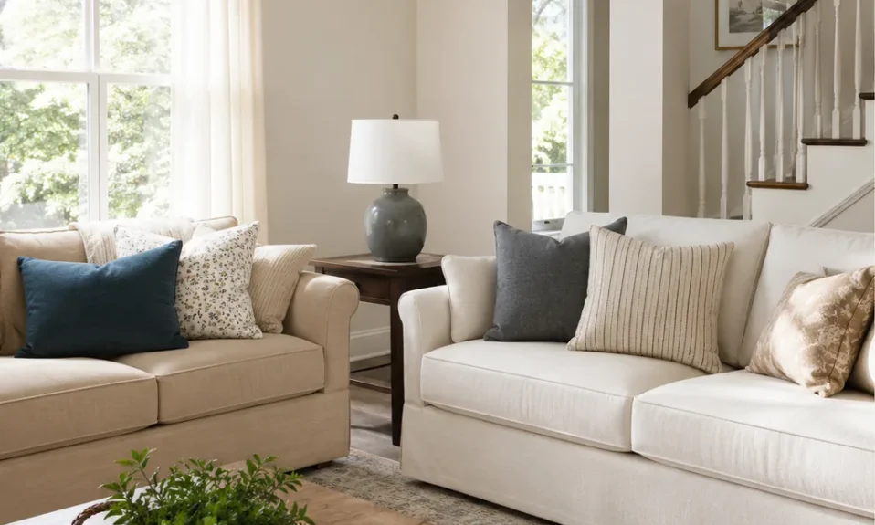 Realistic editorial photo of a living room with sofas in different upholstery colors, pillows, wall paint, and daylight showing cream and white clashing togethe