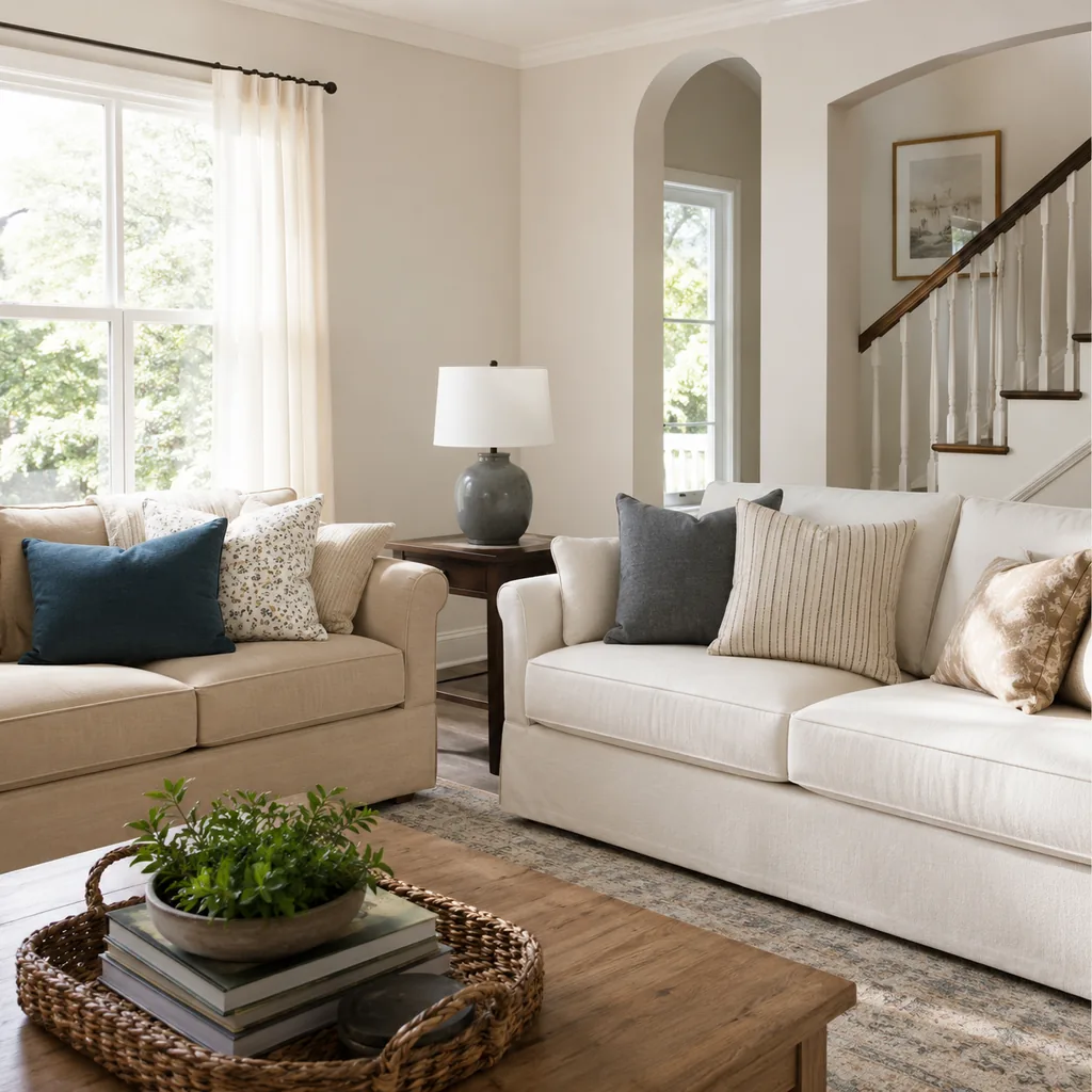 Realistic editorial photo of a living room with sofas in different upholstery colors, pillows, wall paint, and daylight showing cream and white clashing togethe