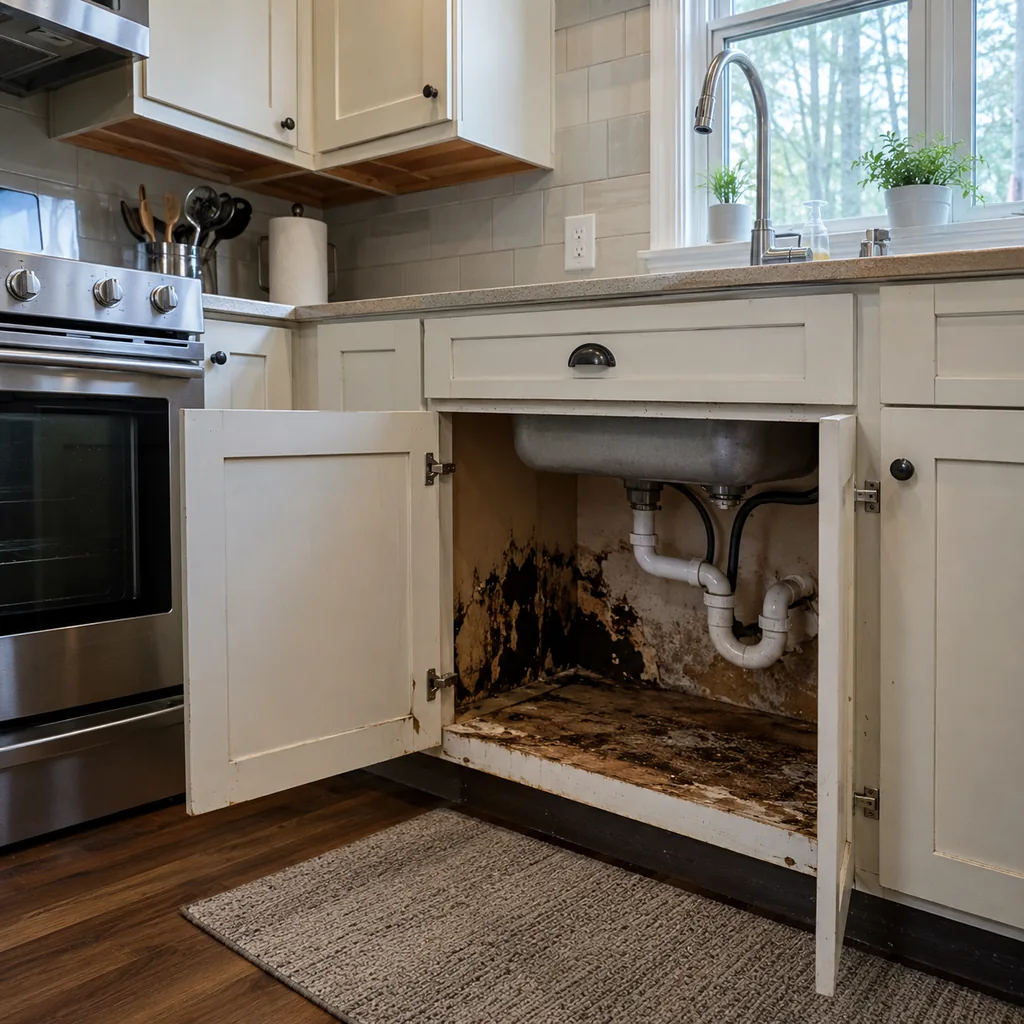 Realistic editorial photo of a realistic American kitchen with sink, cabinets, appliances, counters, and inspection details showing sink cabinet with water dama