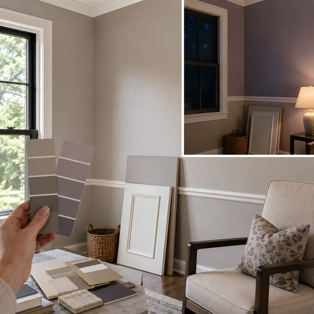 Realistic editorial photo of a room with paint swatches, sample boards, wall colors, trim, furniture, and daylight showing taupe that turns purple at night