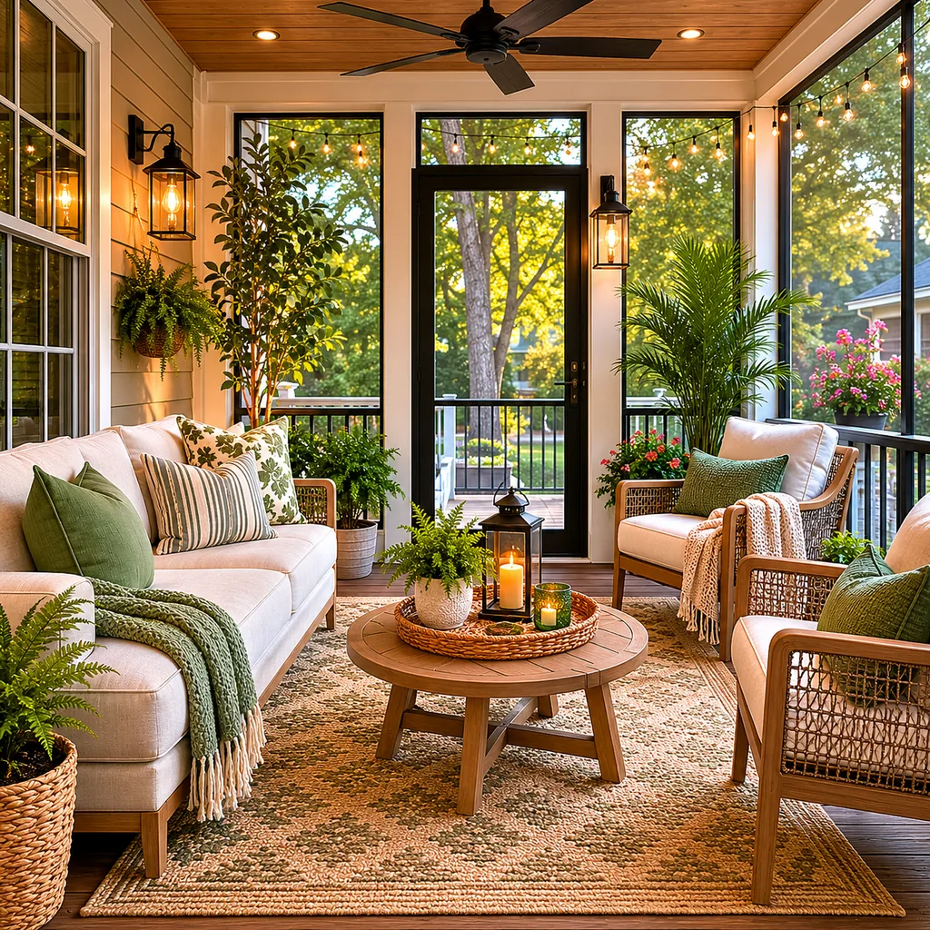 Realistic editorial photo of a screened porch with sofa, chairs, rug, plants, ceiling fan, screens, and soft daylight showing layered lighting around the door