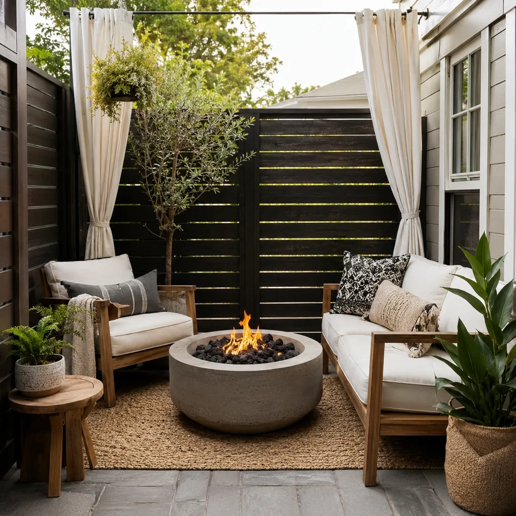 Realistic editorial photo of a small patio with compact seating, outdoor rug, plants, side table, curtains, and privacy screen showing fire pit too close to sea