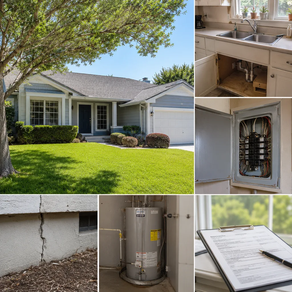 Realistic editorial photo of a suburban American home with appraisal paperwork, exterior details, utilities, and interior repair clues showing kitchen that look