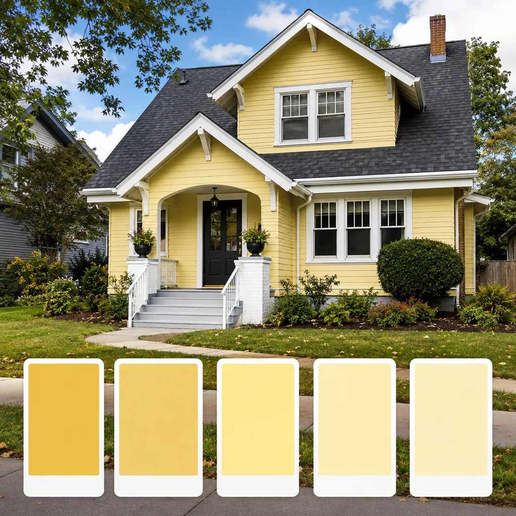 Realistic editorial photo of a suburban home exterior with siding, trim, roof, front door, lawn, and paint swatches showing yellow exteriors buyers read as risk
