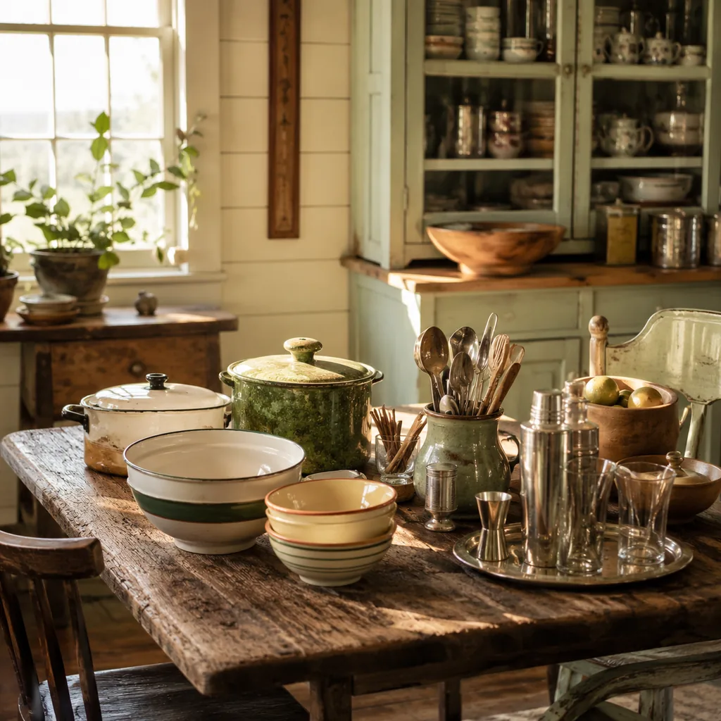 Realistic editorial photo of a vintage kitchen table with bowls, enamel cookware, utensils, tins, and warm window light showing vintage barware sets