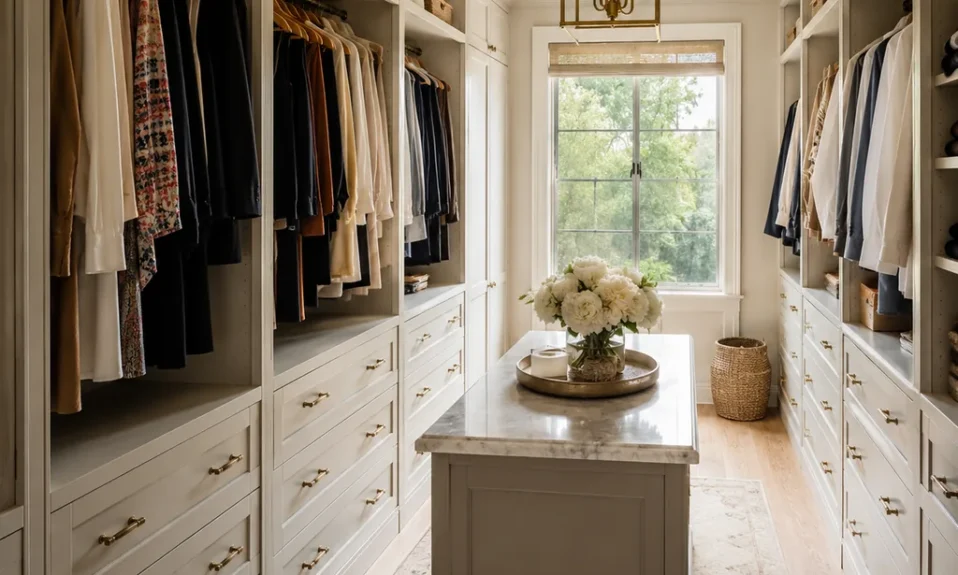 Realistic editorial photo of an American closet showing designing for a fantasy wardrobe