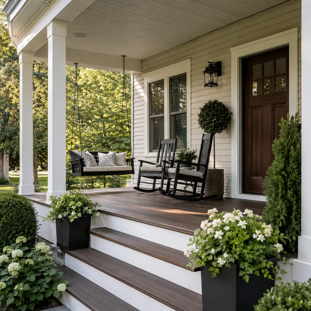Realistic editorial photo of an American front porch with siding, steps, planters, seating, and a visible front door showing porch swing with enough clearance