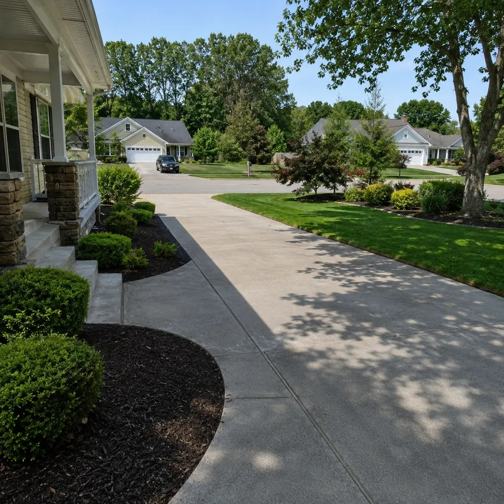 Realistic editorial photo of an American front yard with lawn, shrubs, walkway, mulch beds, trees, and a front porch showing driveway view that dominates everyt