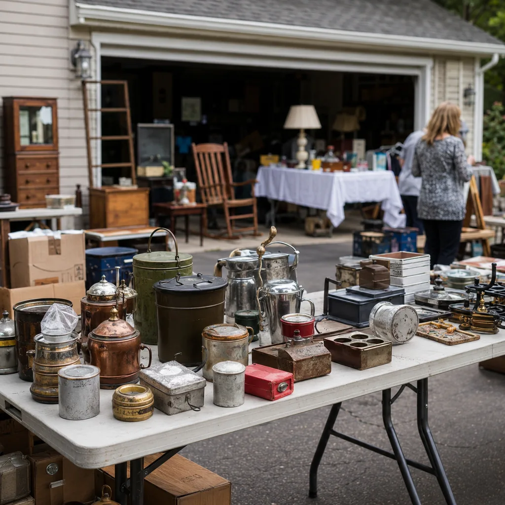 Realistic editorial photo of an American garage sale with folding tables, boxes, old kitchen items, furniture, and collectibles showing small metal objects with