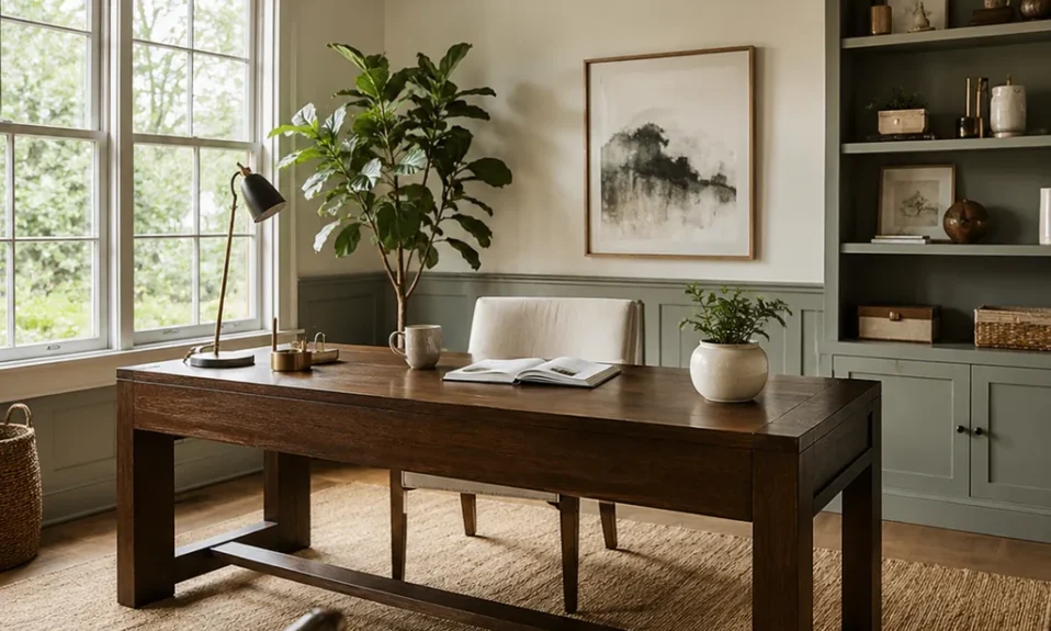Realistic editorial photo of an American home office showing designing for productivity quotes instead of work