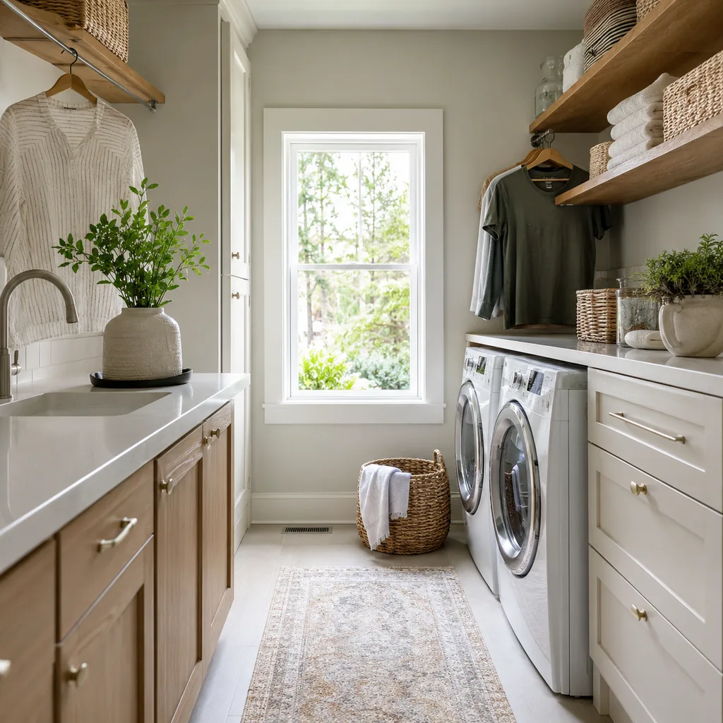 Realistic editorial photo of an American laundry room showing designing for photos instead of laundry day