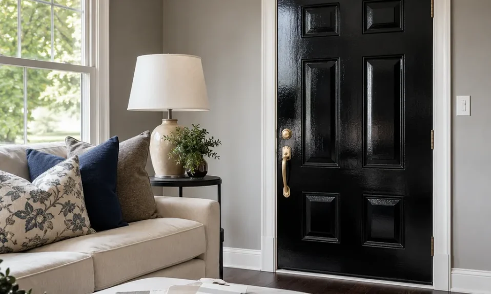 Realistic editorial photo of an American living room with paint swatches, sofa fabric, wall colors, and natural light showing black front door with the wrong sh