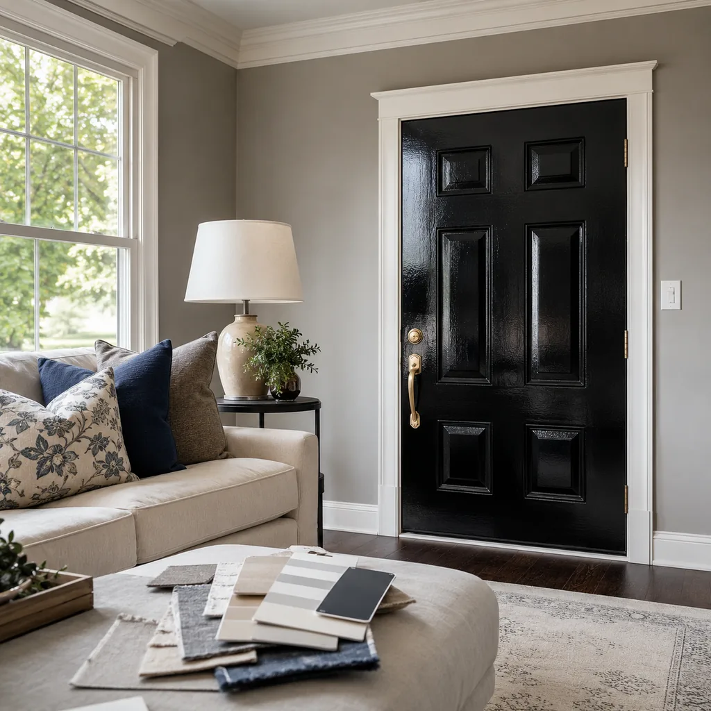 Realistic editorial photo of an American living room with paint swatches, sofa fabric, wall colors, and natural light showing black front door with the wrong sh
