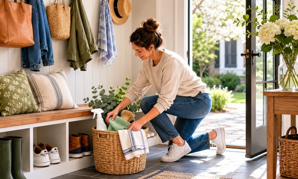 Realistic editorial photo of an American mudroom showing designing for cleanest month of year
