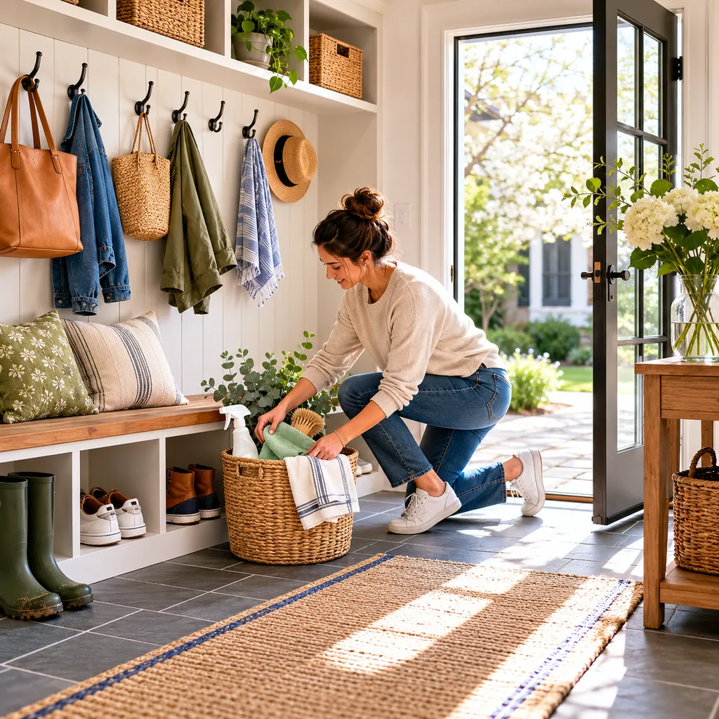 Realistic editorial photo of an American mudroom showing designing for cleanest month of year