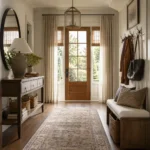 Realistic editorial photo of an entryway with console table, mirror, bench, hooks, rug, lighting, and storage showing woven shades paired with drapes