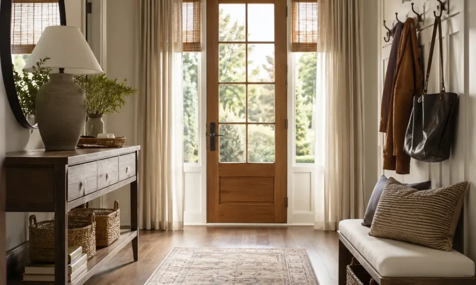 Realistic editorial photo of an entryway with console table, mirror, bench, hooks, rug, lighting, and storage showing woven shades paired with drapes