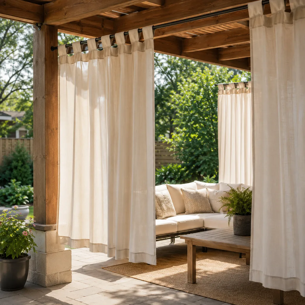 Realistic editorial photo of an outdoor patio with pergola curtains, seating, plants, fabric panels, and sunlight showing curtains that stop above the floor