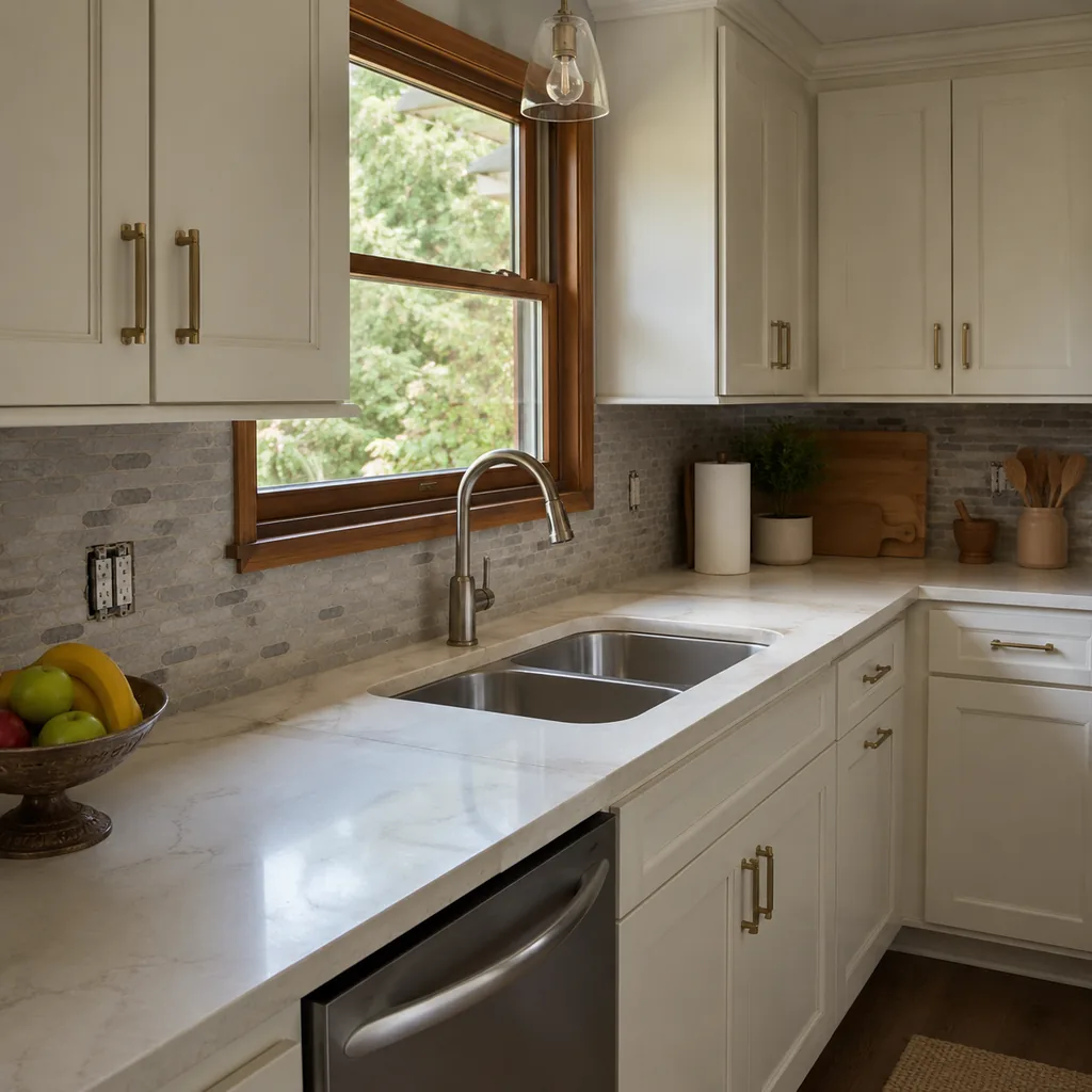 Realistic editorial photo of an updated kitchen with new counters, cabinets, backsplash, sink, hardware, and lingering dated details showing countertop seams ne