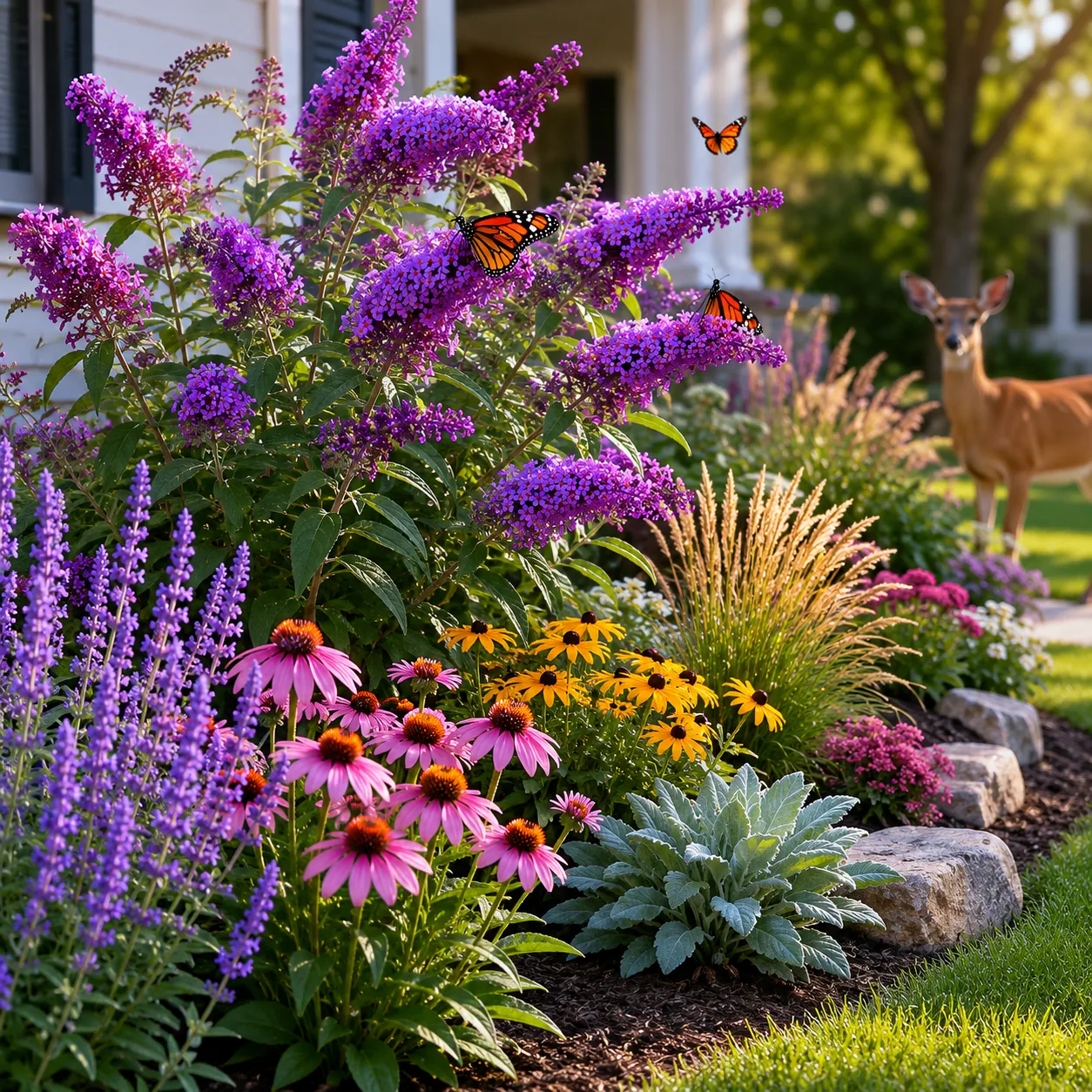 Realistic editorial photo of Butterfly bush with local caution growing in front yard border with deer resistant flowerin