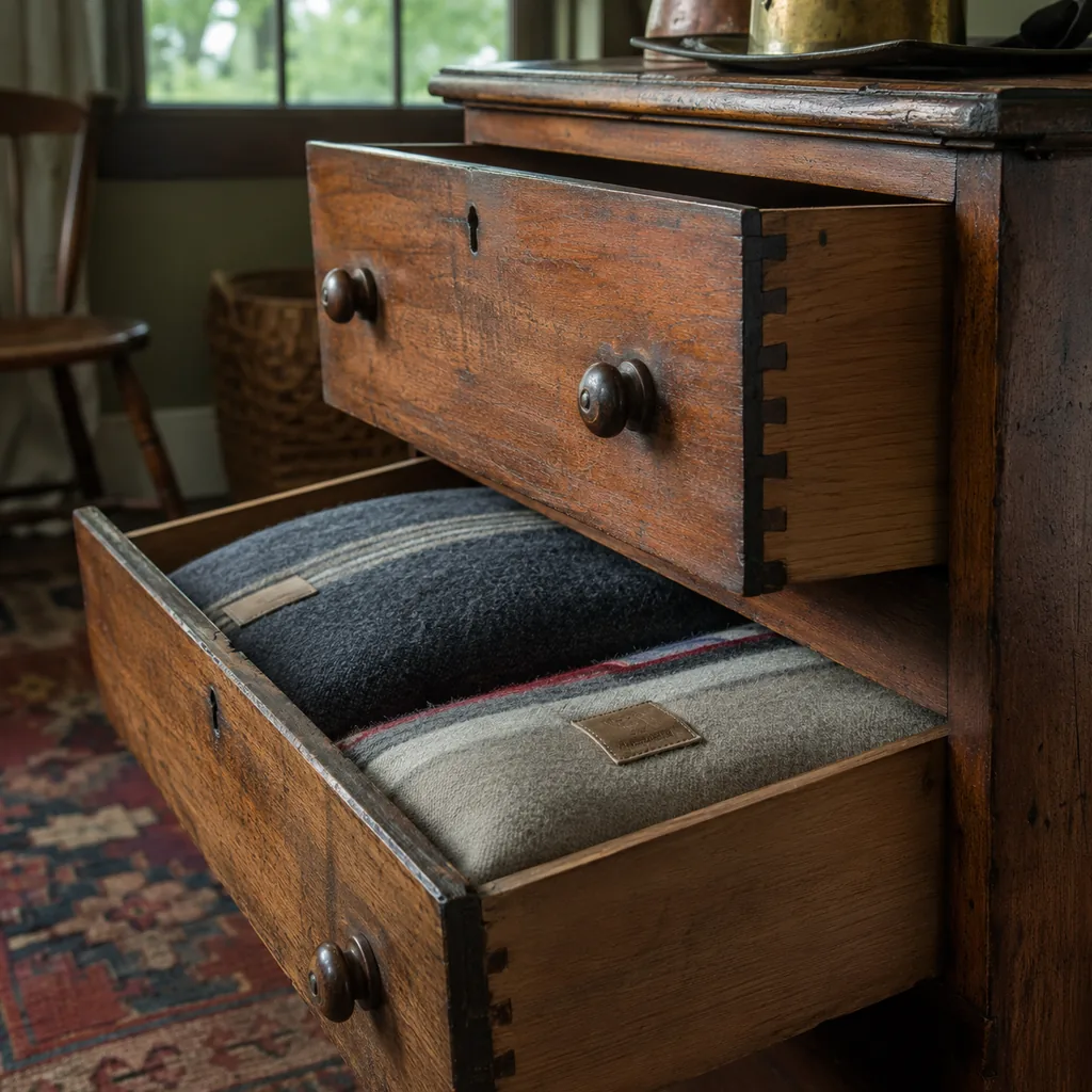 Realistic editorial photo of close-up antique furniture details with drawers, joints, hardware, and old wood grain showing wool blankets with intact labels