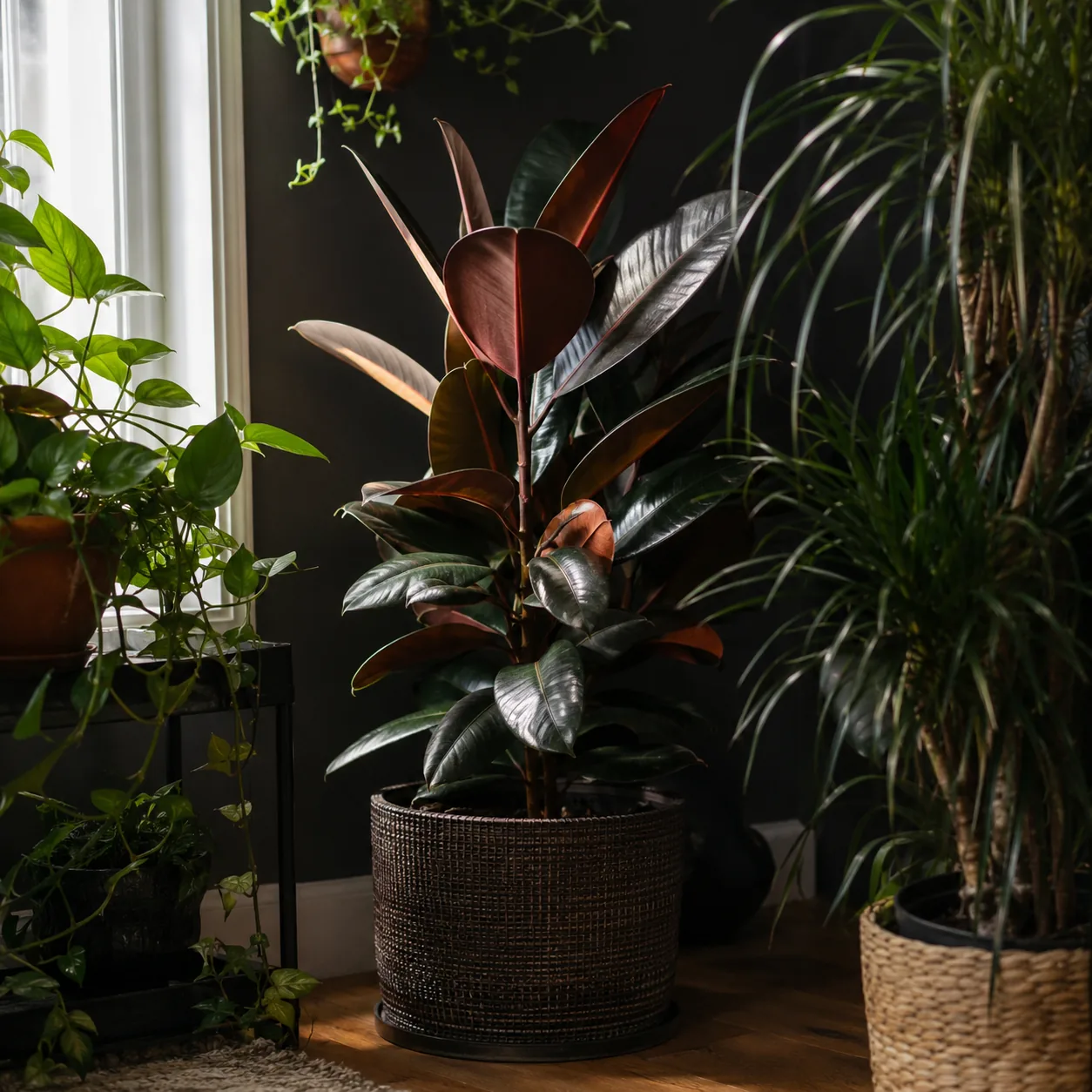 Realistic editorial photo of Ficus elastica burgundy growing in low light room corner with houseplants near a window, re