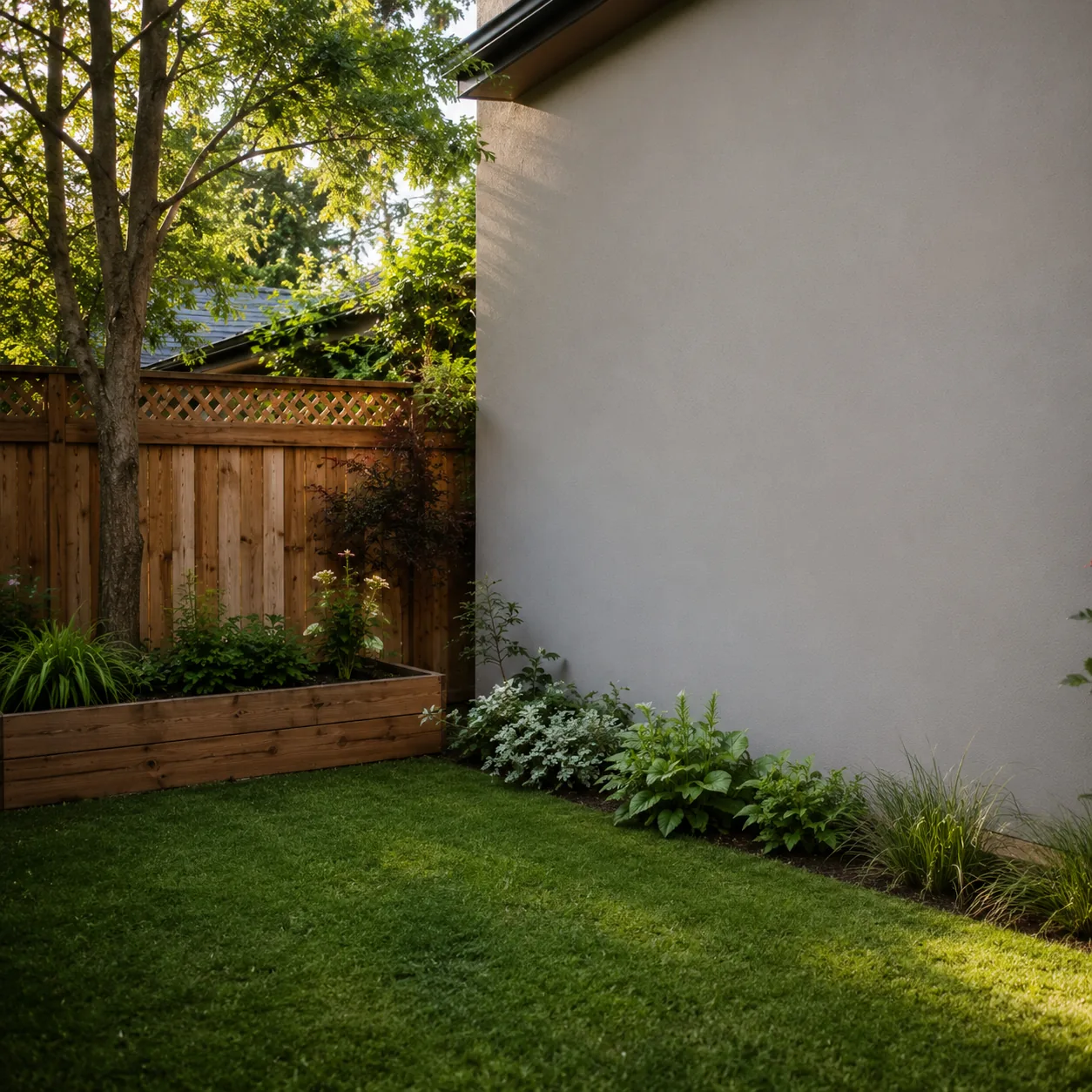 Realistic editorial photo of leave one quiet empty wall in small fenced backyard, realistic editorial photo, natural lig