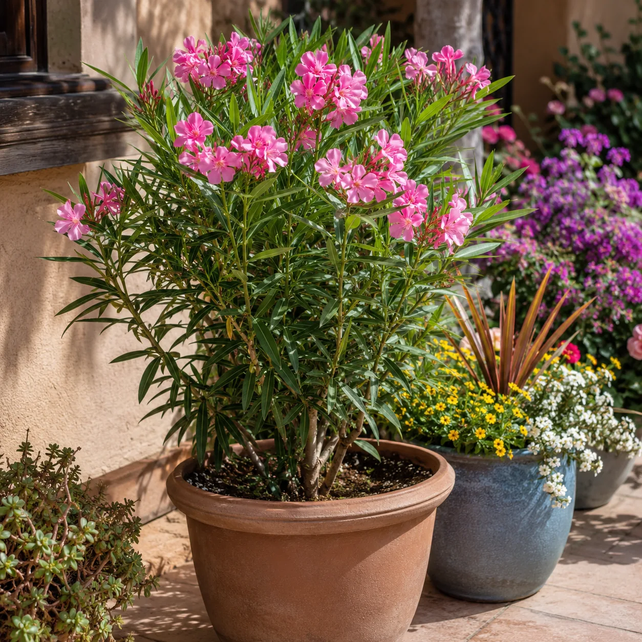 Realistic editorial photo of Oleander with caution growing in sunny patio containers with heat tolerant flowering plants
