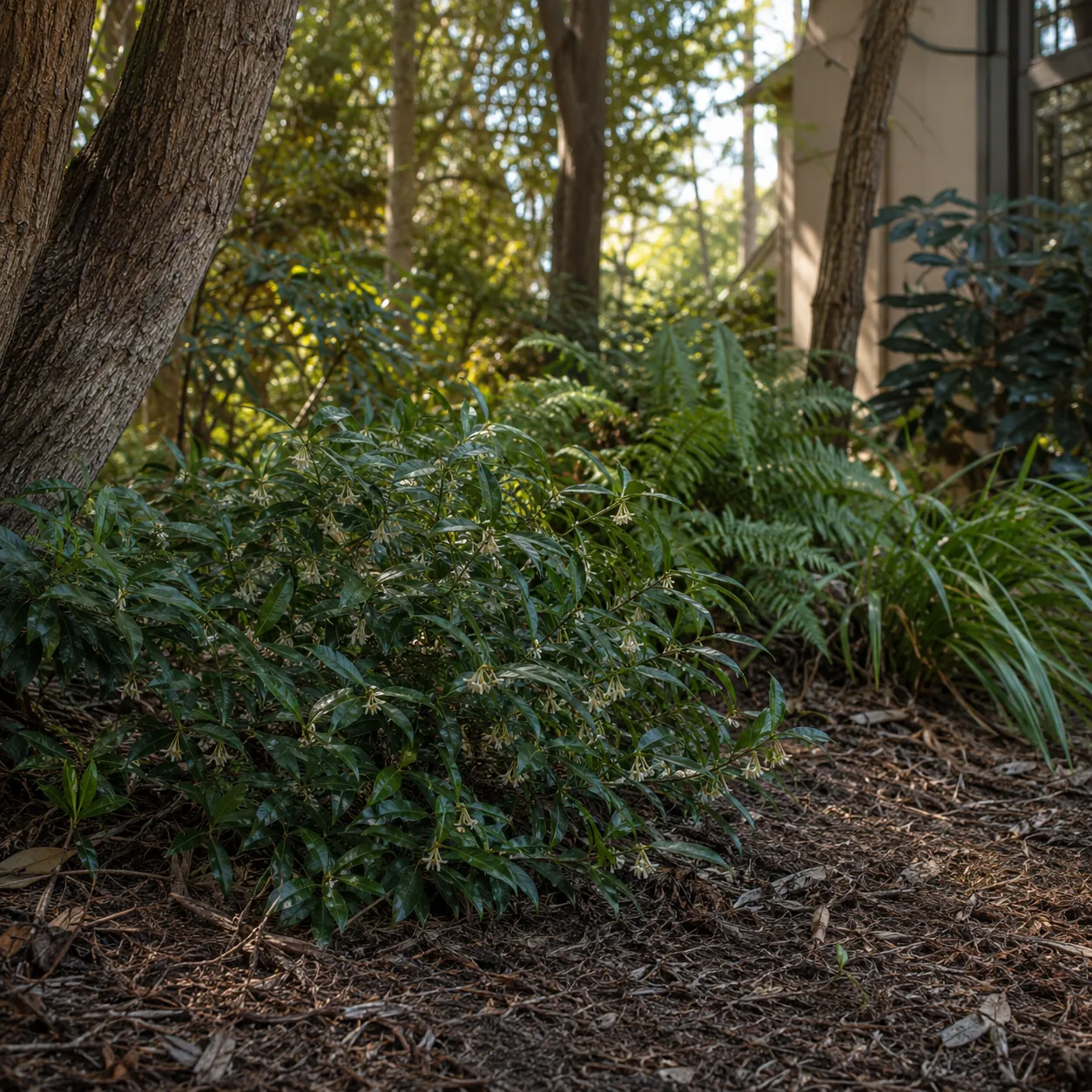 Realistic editorial photo of Sarcococca growing in dry shady side yard under mature trees planted with shade tolerant pl