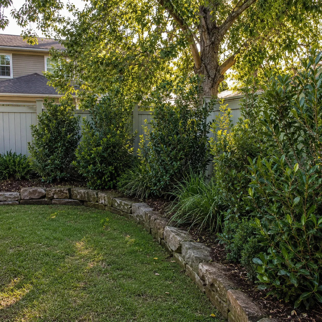 Realistic editorial photo of stone border with shrubs in an ordinary backyard needing privacy, realistic editorial photo