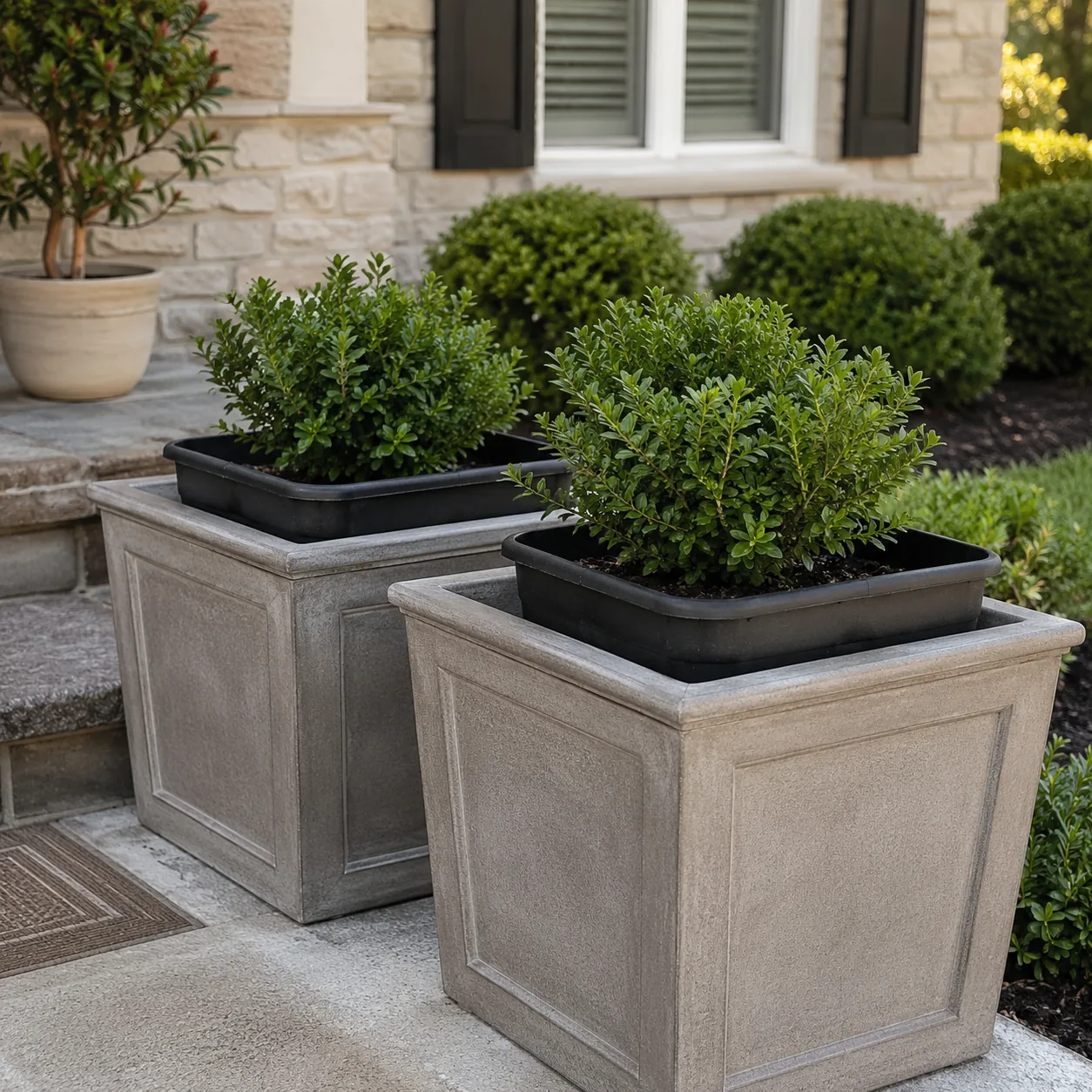Realistic editorial photo of use black nursery pots as liners only in polished suburban front yard, realistic editorial 