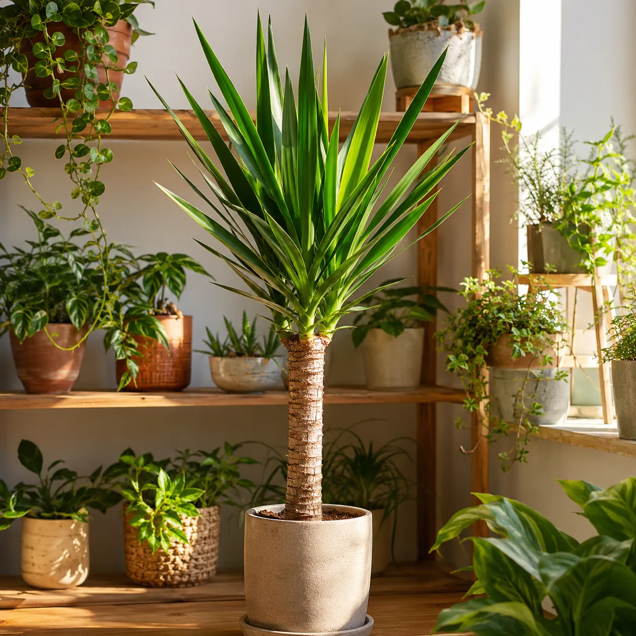 Realistic editorial photo of Yucca cane growing in bright indoor shelf with low maintenance houseplants, realistic edito