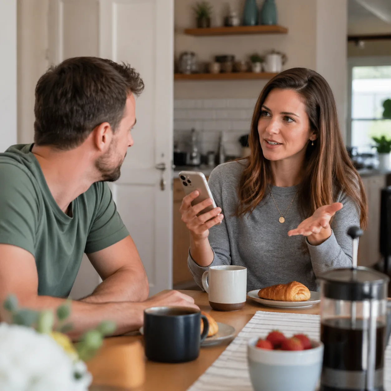 Realistic lifestyle photo of a wife confidently quoting a phone article to her husband across the breakfast table