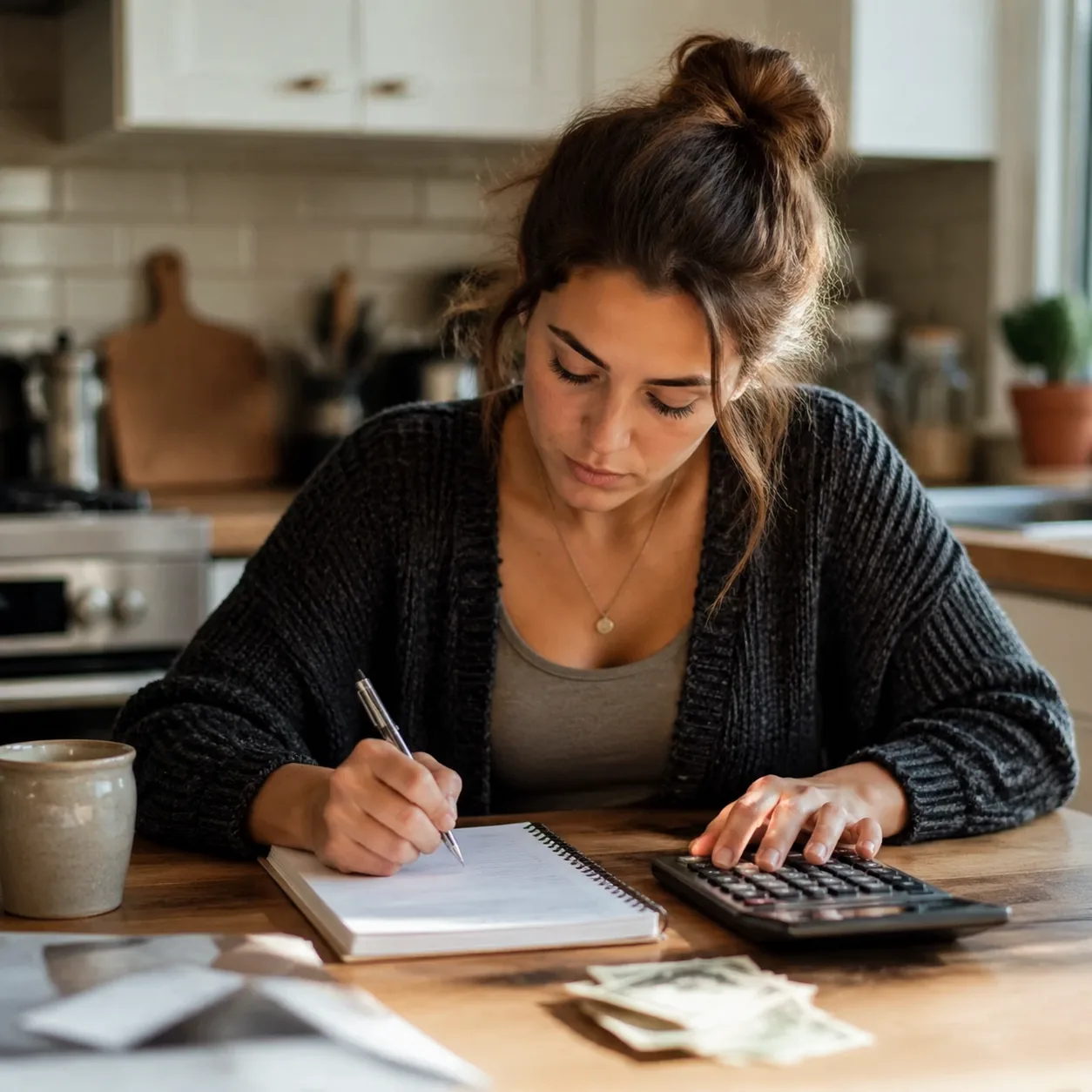 Warm editorial photo of a young woman at a kitchen table with a notebook, pen, and a small stack of bills, calculator be