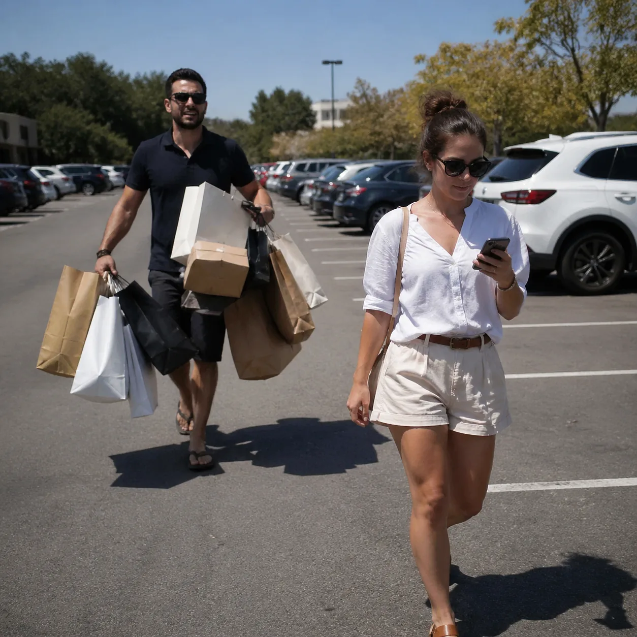Funny realistic lifestyle photo of a husband carrying multiple shopping bags through a parking lot while his wife walks 