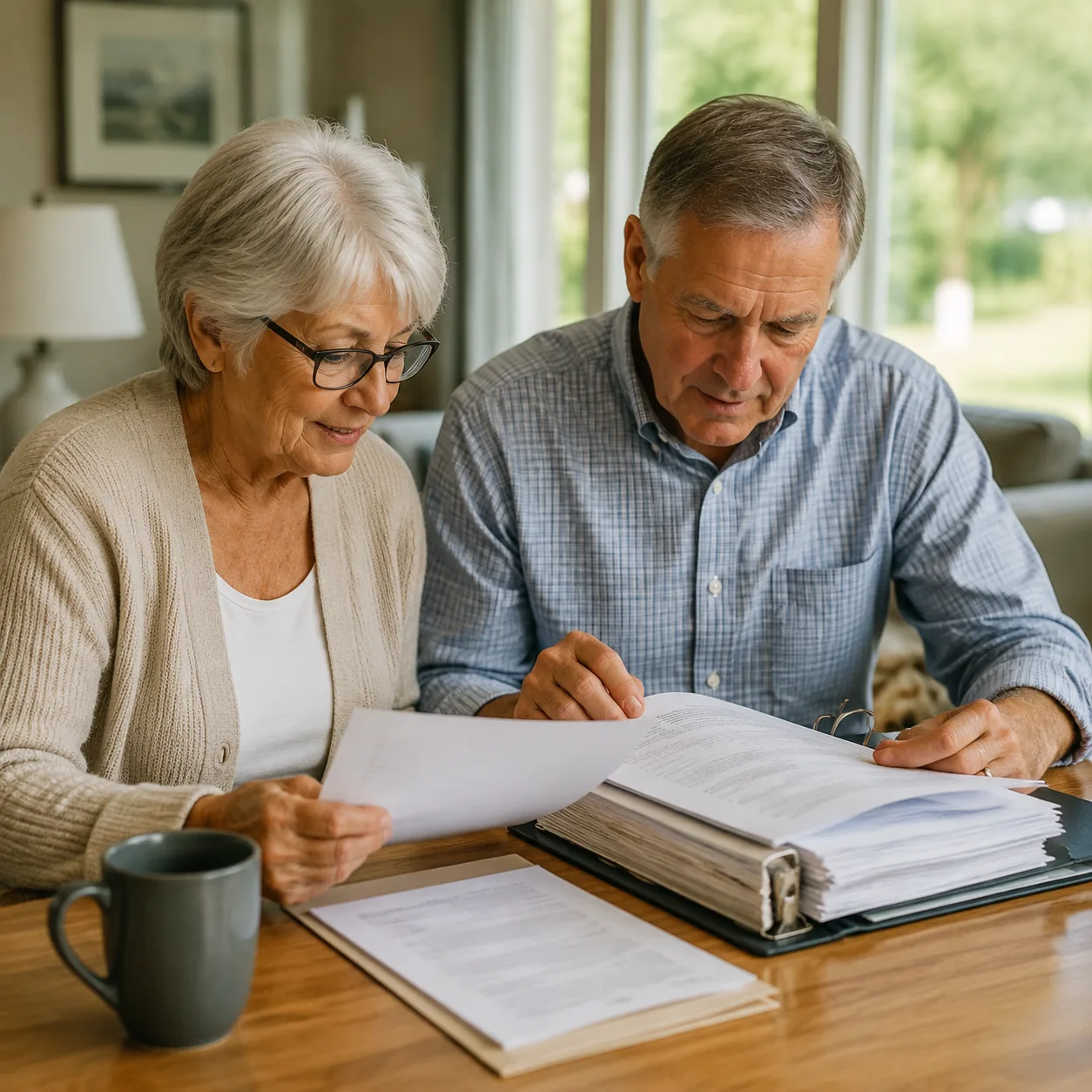 older couple preparing home sale documents with thick HOA resale packet, realistic editorial lifestyle photography for A