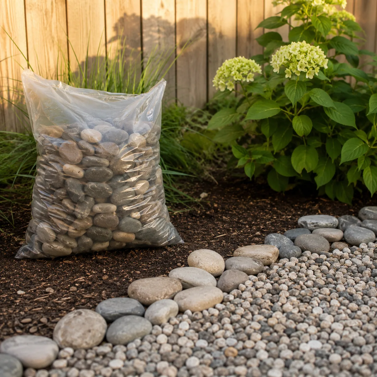 Realistic editorial photo of a bag of river stones for borders in budget backyard weekend upgrade, realistic editorial p