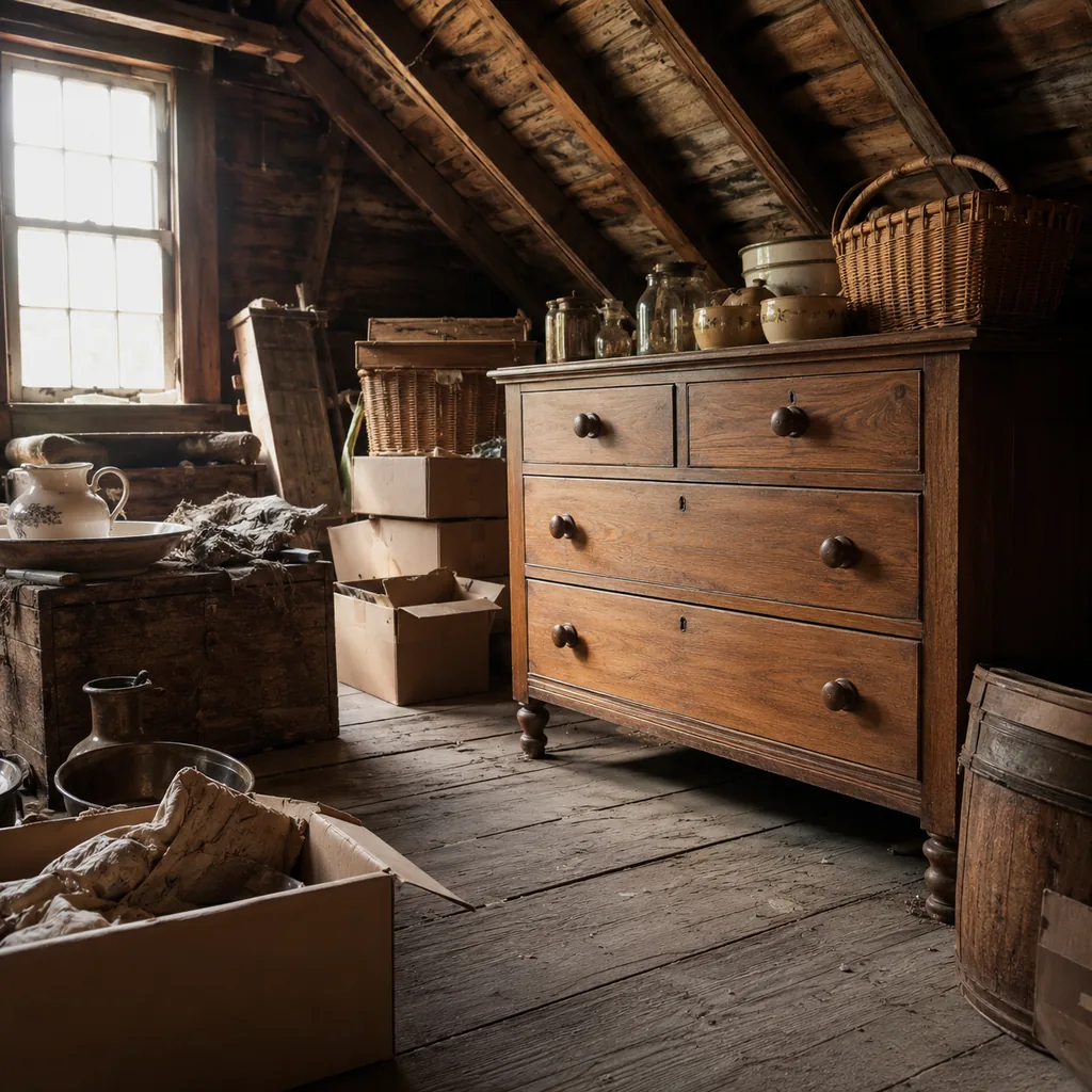 Realistic editorial photo of a dusty attic with boxes, old furniture, vintage kitchenware, and warm window light showing grandma's dresser with original finish