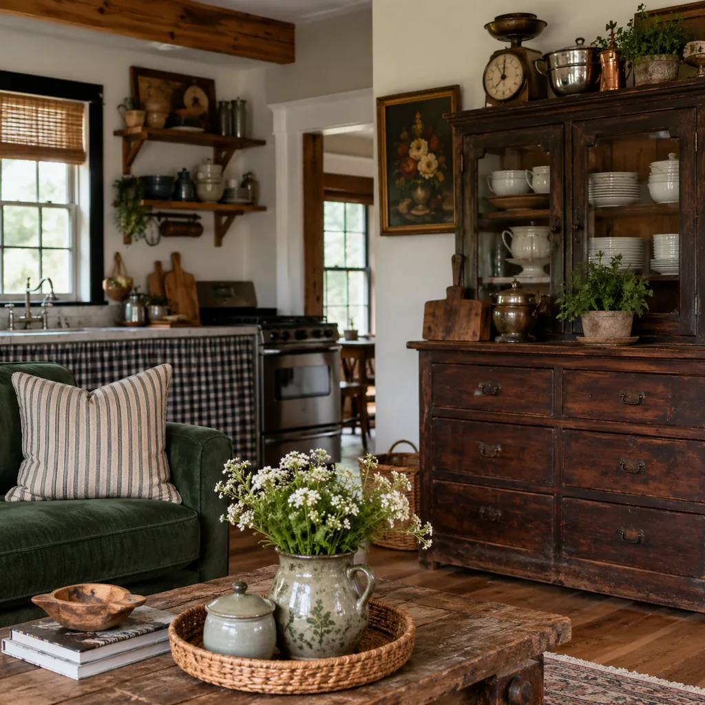 Realistic editorial photo of a home interior with vintage decor, modern furniture, warm wood, patterned accents, and layered lighting showing vintage kitchen pi