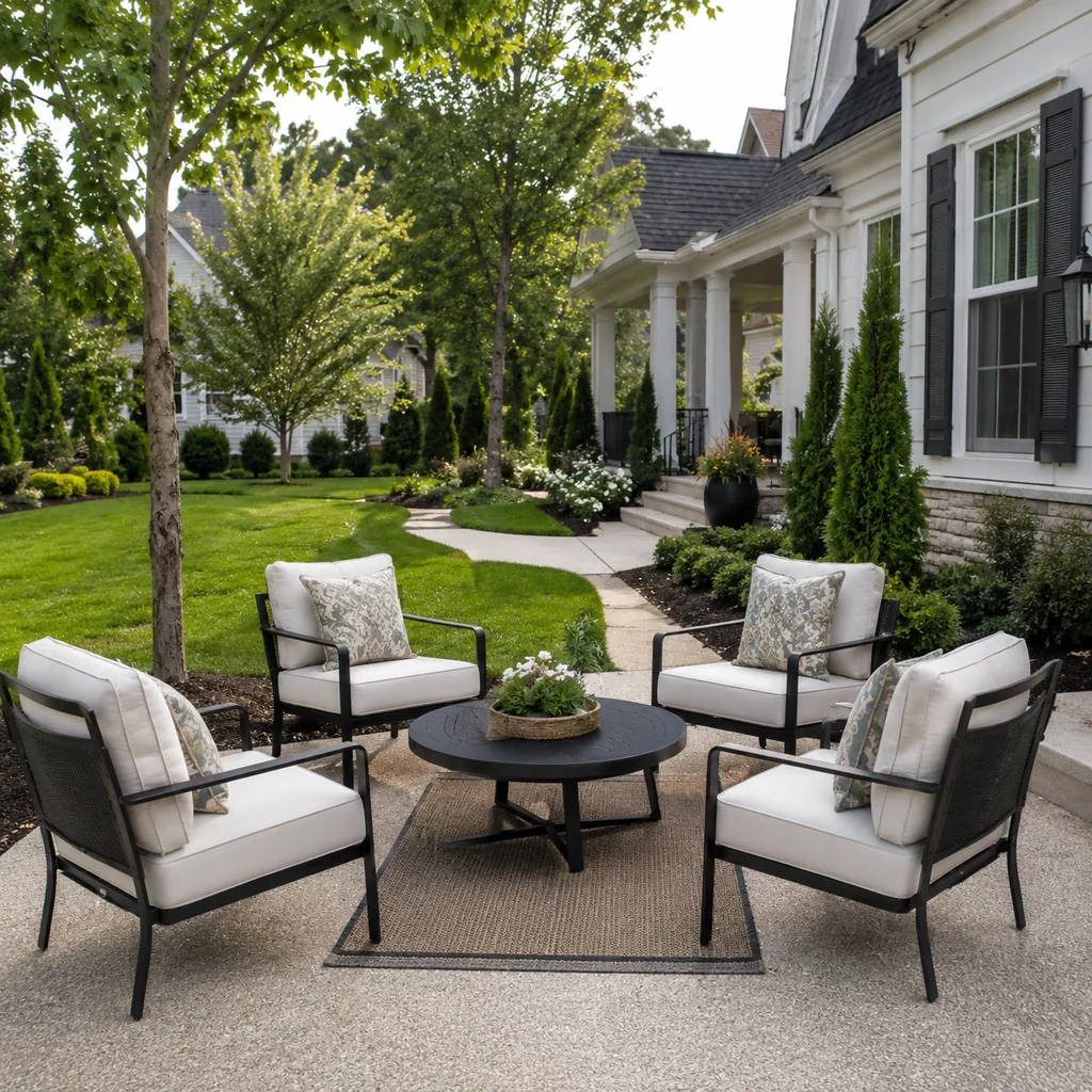 Realistic editorial photo of a landscaped American front yard with lawn, shrubs, mulch beds, trees, walkway, and house exterior showing rug too small for the se