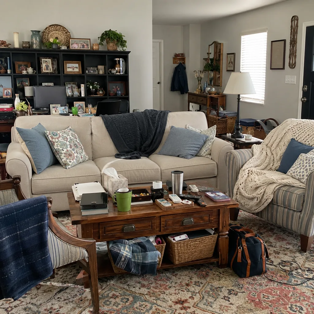 Realistic editorial photo of a living room with crowded surfaces, extra chairs, baskets, blankets, cords, and storage furniture showing sentimental items mixed 