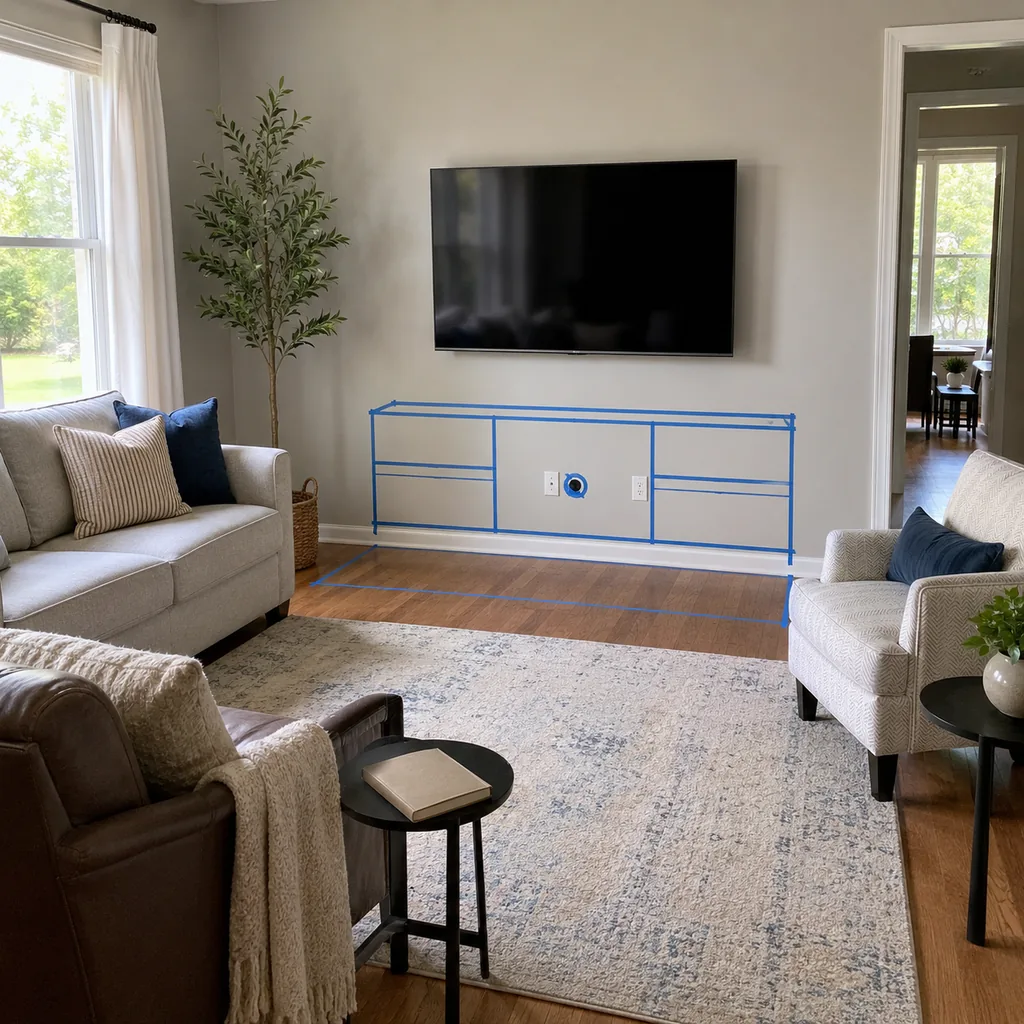 Realistic editorial photo of a living room with sofa, chairs, rug, TV, windows, and taped layout marks showing media cabinet that hides cords