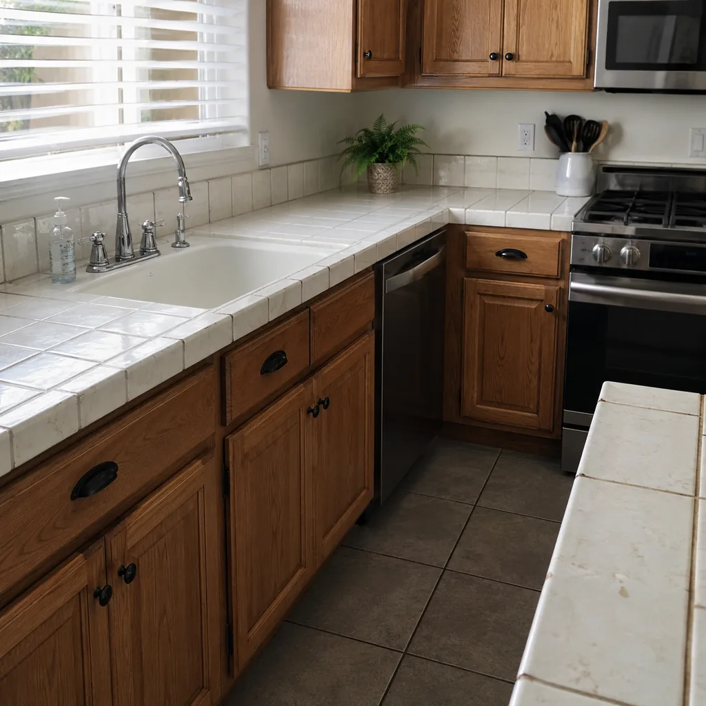 Realistic editorial photo of a realistic American kitchen with sink, cabinets, appliances, counters, and inspection details showing grout lines that make new su