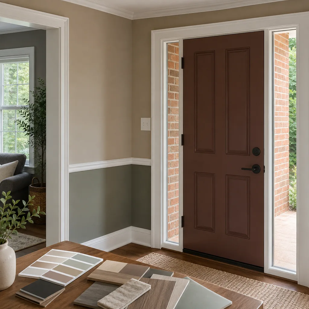 Realistic editorial photo of a room with paint swatches, sample boards, wall colors, trim, furniture, and daylight showing front door color fighting the brick