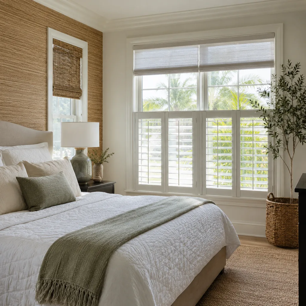 Realistic editorial photo of a room with windows, shades, shutters, woven panels, privacy film, and soft natural light showing bedroom without blackout where ne