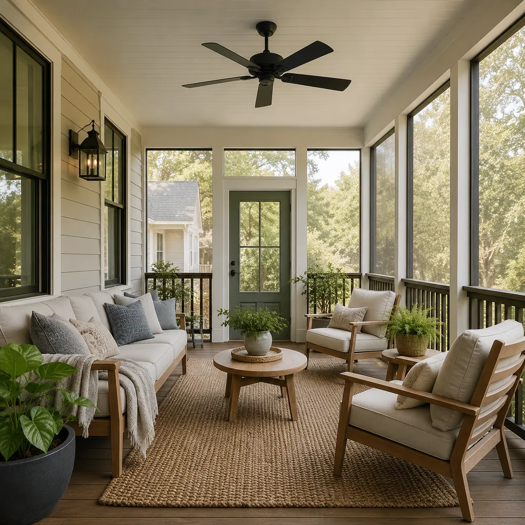 Realistic editorial photo of a screened porch with sofa, chairs, rug, plants, ceiling fan, screens, and soft daylight showing front door color with real contras